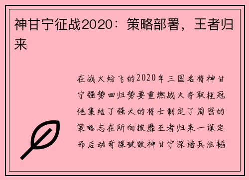 神甘宁征战2020：策略部署，王者归来